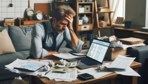 Stressed man thinking about credit card bills he cannot pay